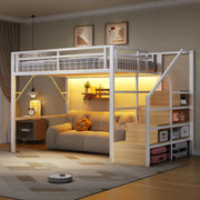 Letto a soppalco 140x200 cm con LED e scale contenitore bianco