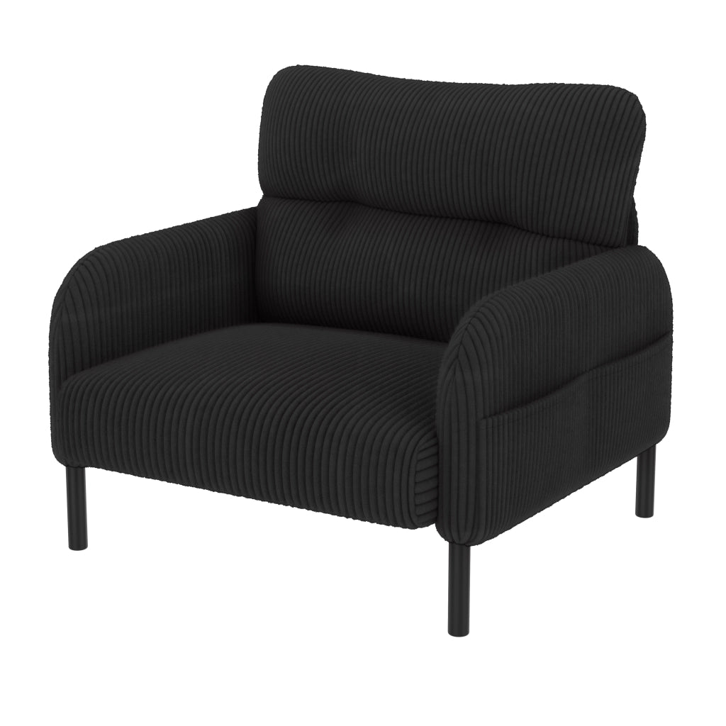 OKWISH Poltrona in Velluto a Coste, Seduta Profonda e Schienale Ergonomico con Tasche Laterali, Struttura in Metallo, Nera