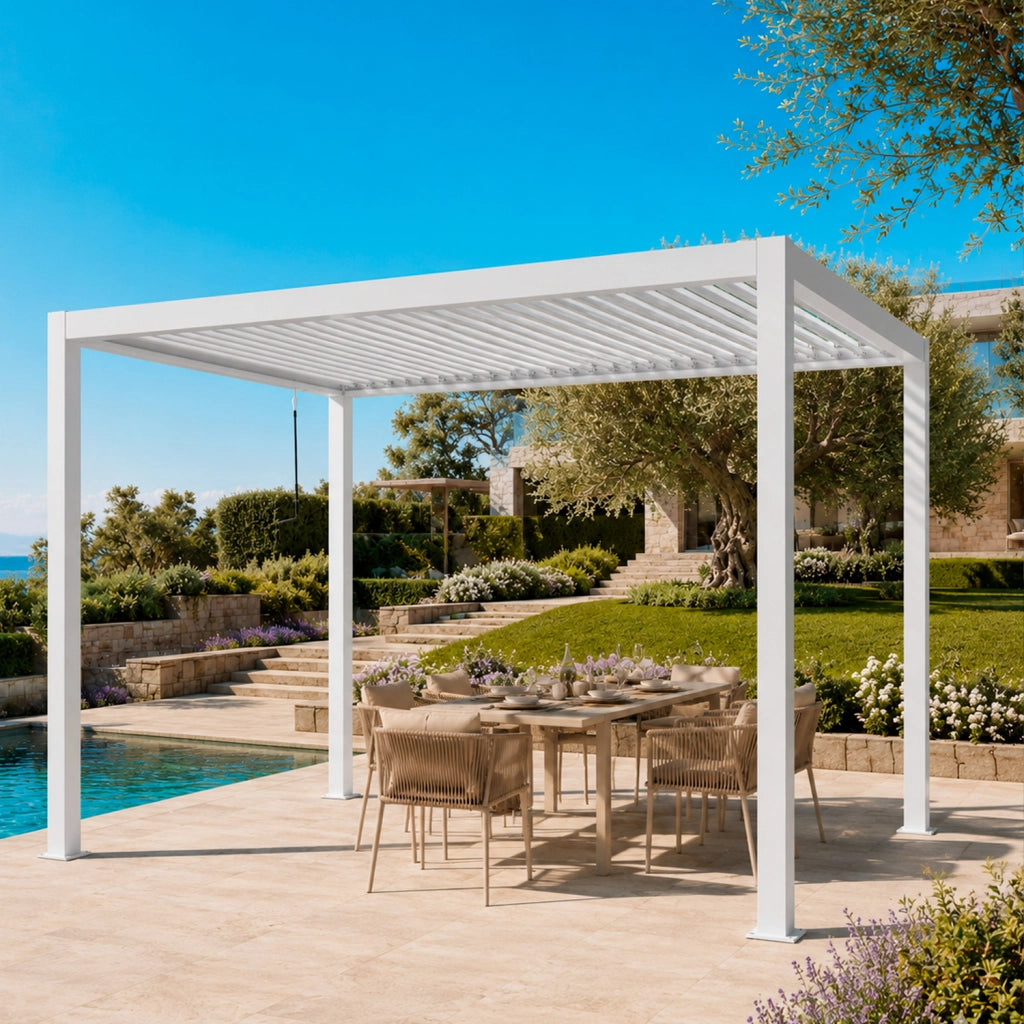 Pergola Bioclimatica 3x4 Metri Gazebo Con Tetto A Lamelle Orientabili Sistema Di Drenaggio Struttura In Acciaio E Alluminio Resistente Ai Raggi UV Per Giardino Terrazza E Piscina Bianco Opaco