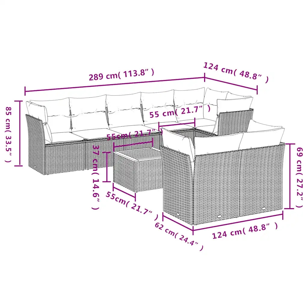 Set Divani da Giardino 9 pz con Cuscini Nero in Polyrattan 3256063