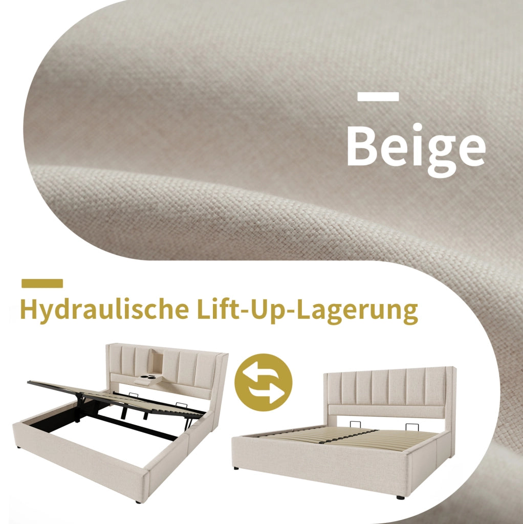 Letto matrimoniale imbottito 160x200 cm con contenitore; porta bicchieri e stazione di ricarica; beige; con materasso
