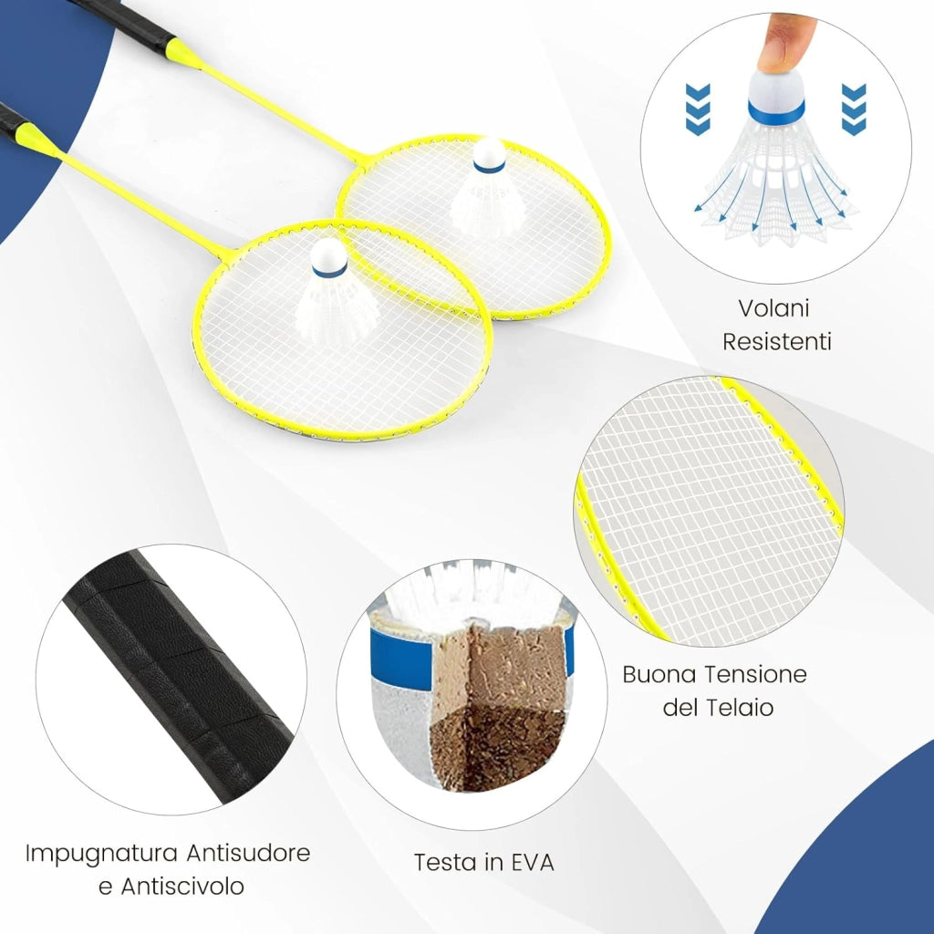 Set di Badminton con Rete, Racchette, 2 Volani e Scatola di Conservazione, Set di Badminton Portatile per 2 Giocatori da Esterno per Bambini, Ragazzi e Adulti
