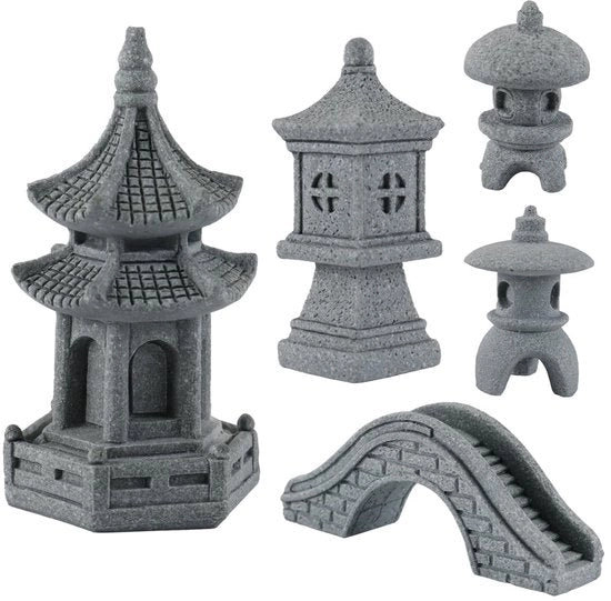 Set di Sculture Pagoda in Legno di Qualità Museale - UV-resistente - Decorazione per Bonsai in Miniatura - Materiale Non Poroso