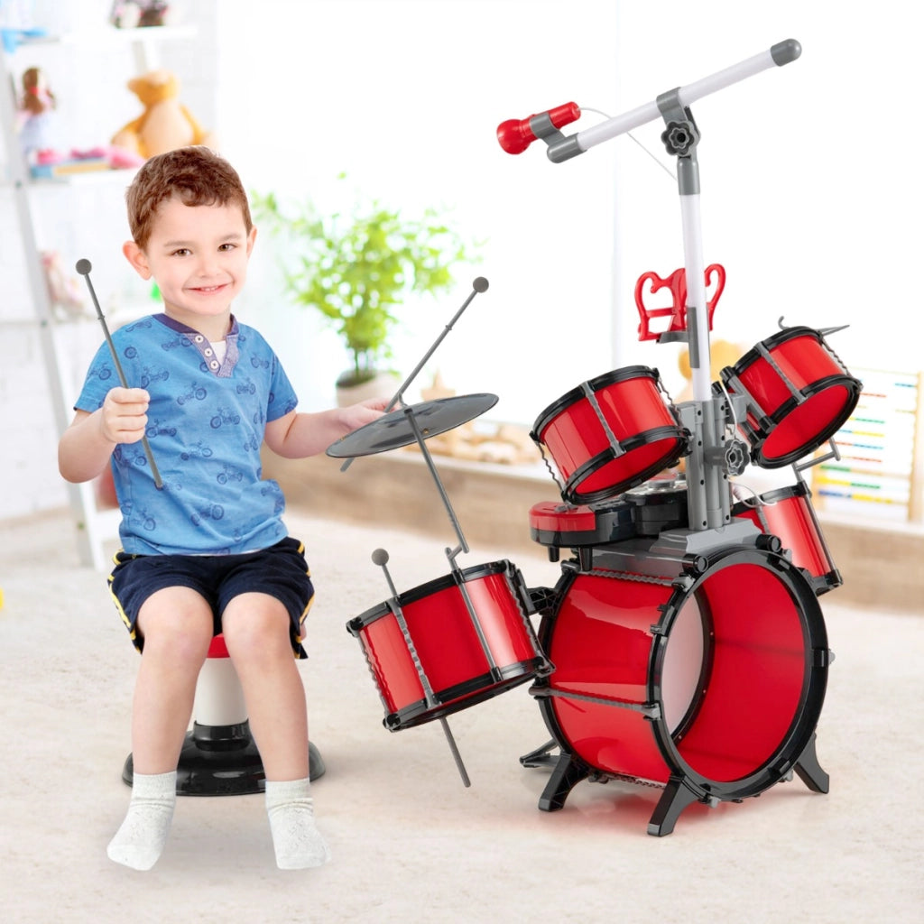 Batteria per bambini 3+ anni con sgabello microfono leggio tastiera, Batteria jazz per bambini Rossa