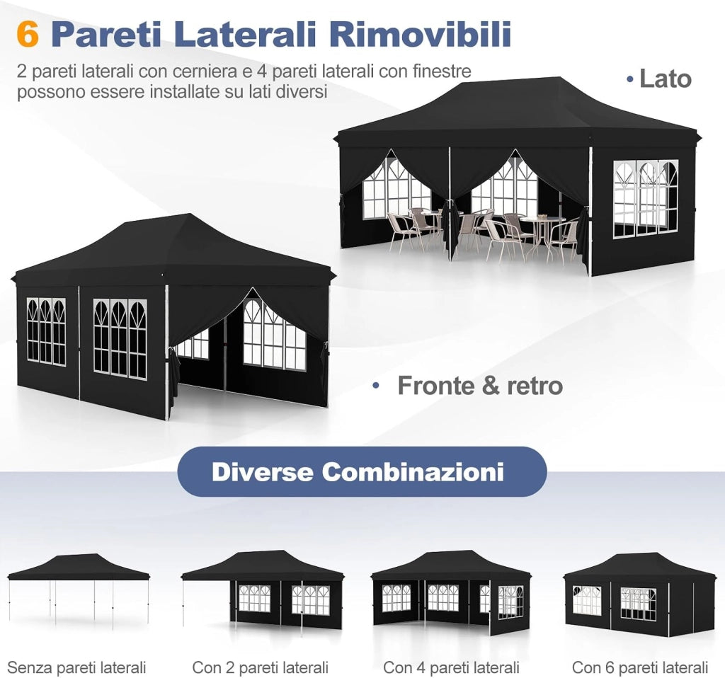 Gazebo da Giardino 3 x 6 m, Tendone per Feste con 6 Pannelli Laterali Rimovibili, con Borsa da Trasporto, Design Pop-up, per Matrimonio Eventi e Barbecue (Nero)