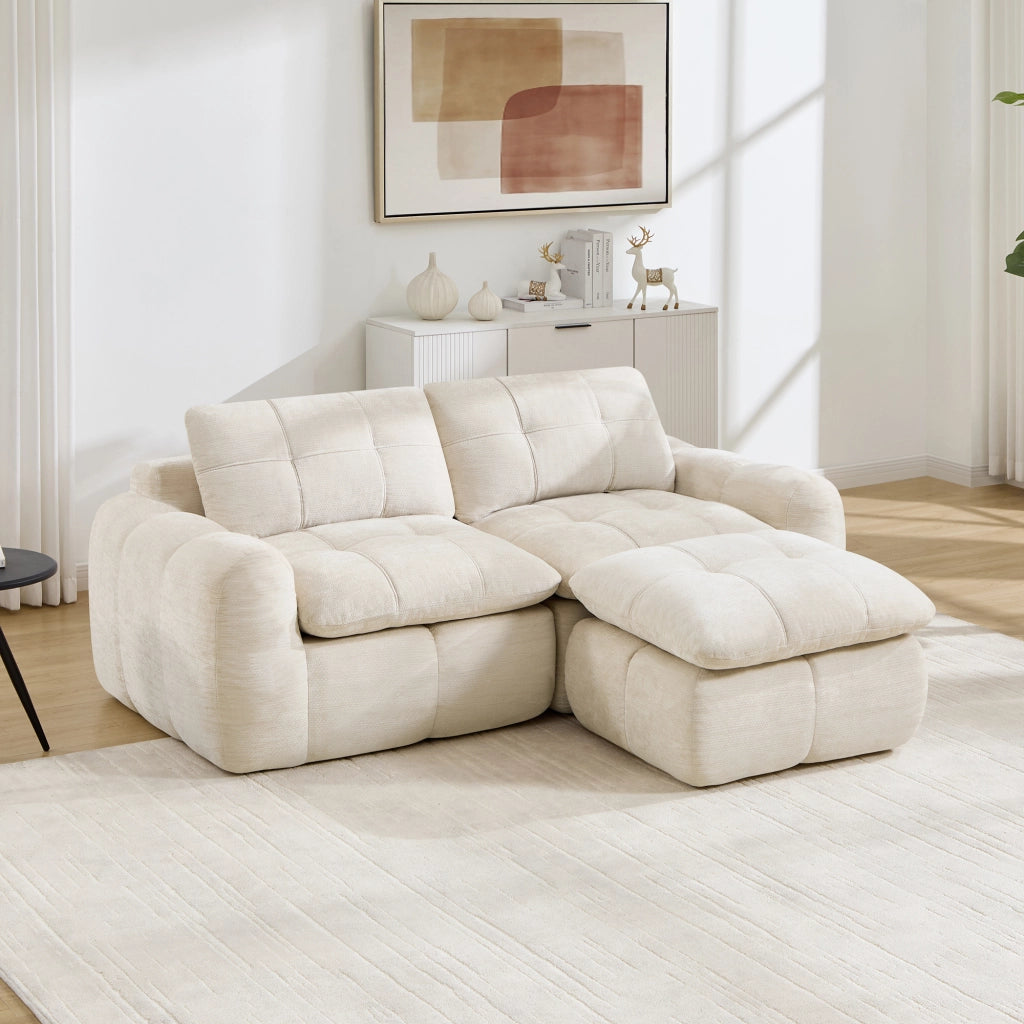 Divano modulare angolare 2 posti in chenille senza montaggio con pouf e seduta ergonomica per soggiorno beige