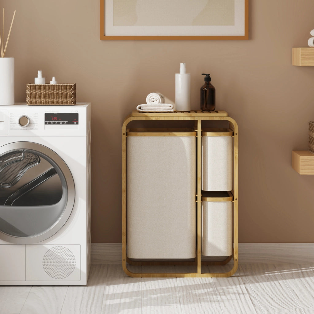 Mobile Portabiancheria Evenes in Bambù e 3 Sacchi Estraibili 70,5 x 49,5 x 33 cm Beige [en.casa]
