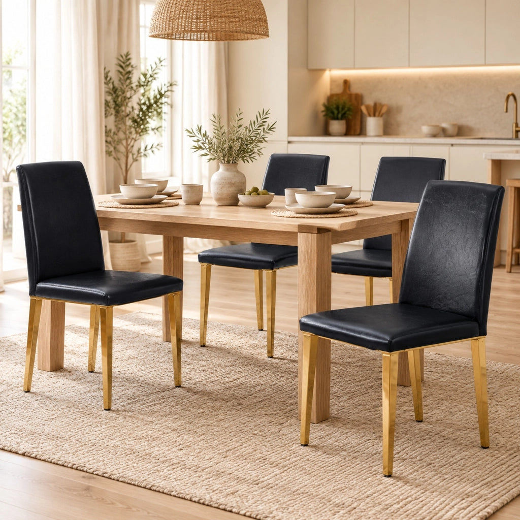 Set di 4 sedie da pranzo nere e oro in PU e metallo
