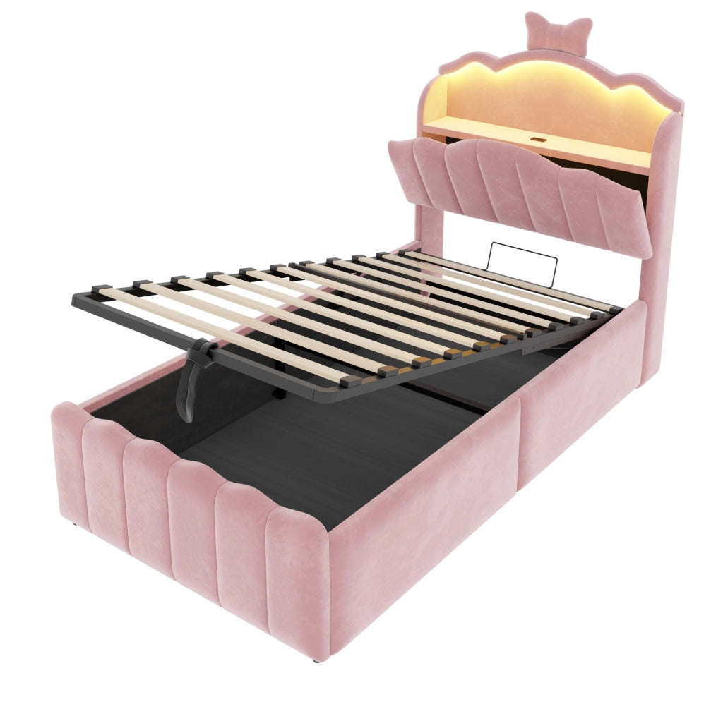Letto per bambini 90 x 200 cm con testiera a fiocco; LED multicolore; USB e USB-C in velluto rosa