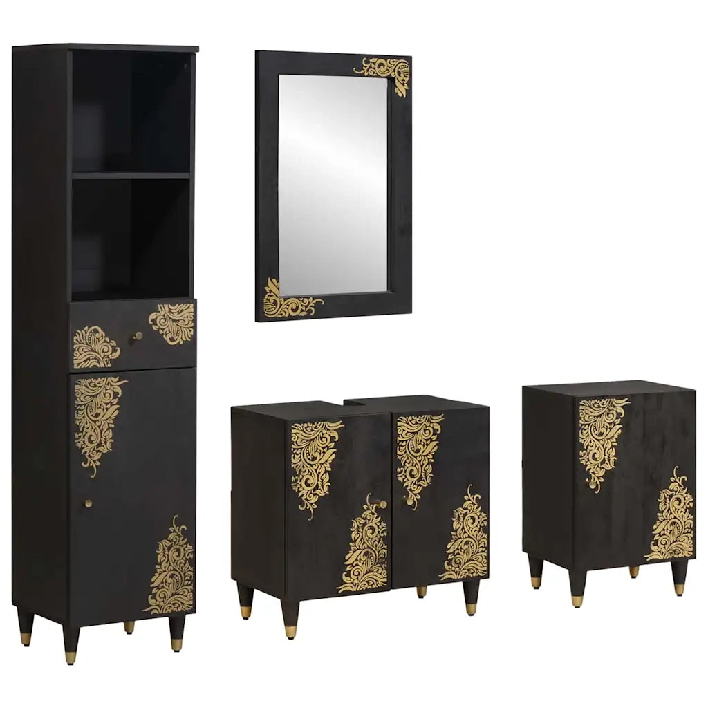 Set di Armadi da Bagno 4 pcs Nero Legno di mango massello