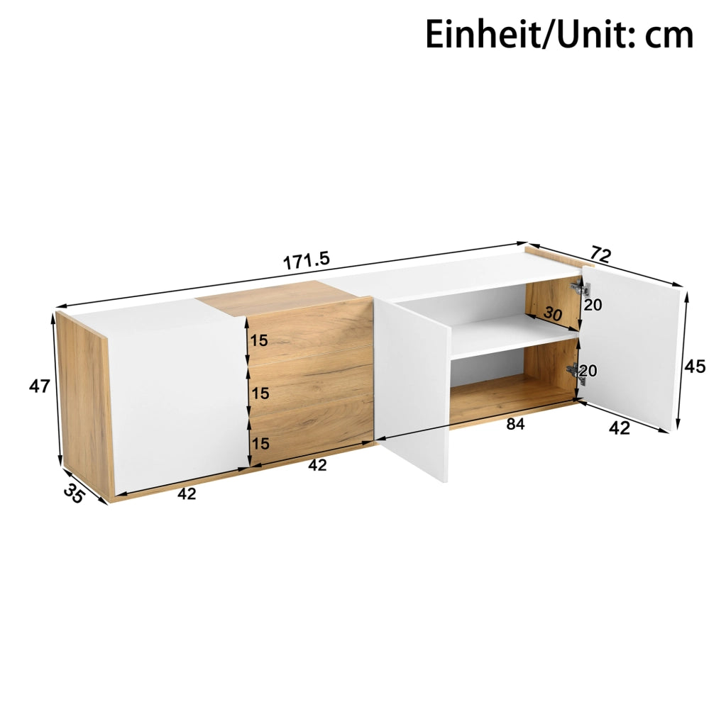 Mobile TV da parete o da terra con 3 ante e 3 cassetti; 171;5 x 35 x 47 cm; in MDF bianco e legno