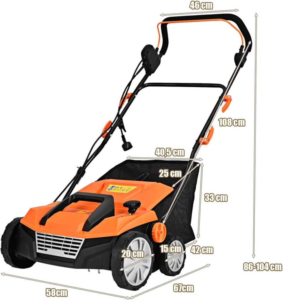 Scarificatore 2 In-1 per Prato, Arieggiatore Elettrico con Sacco Raccoglitore da 45L, Larghezza 38cm, con 3 Posizioni Regolabili, Scarificatore 1800W per Giardino Cortile (38 cm, Arancione)