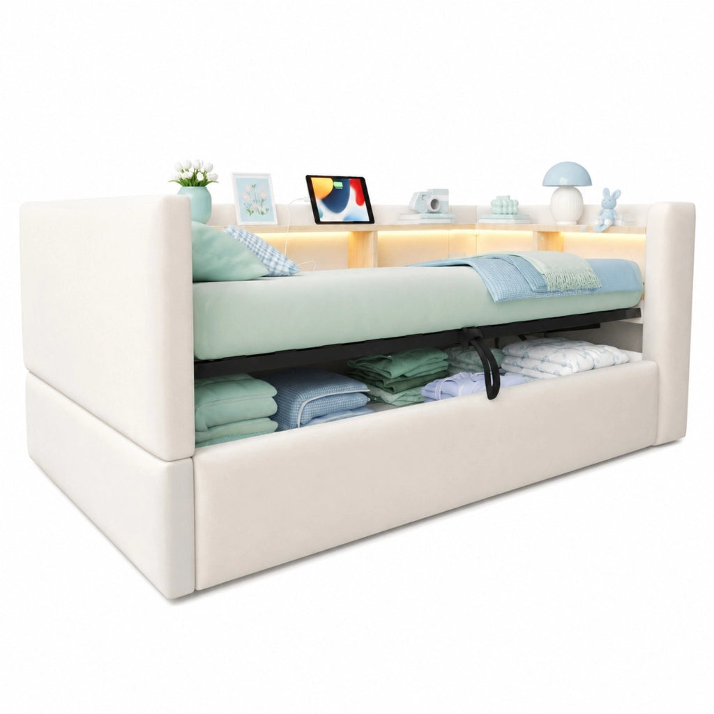 Letto Contenitore 90 x 190 cm; con LED; prese e ripiani; in Flanella; Beige