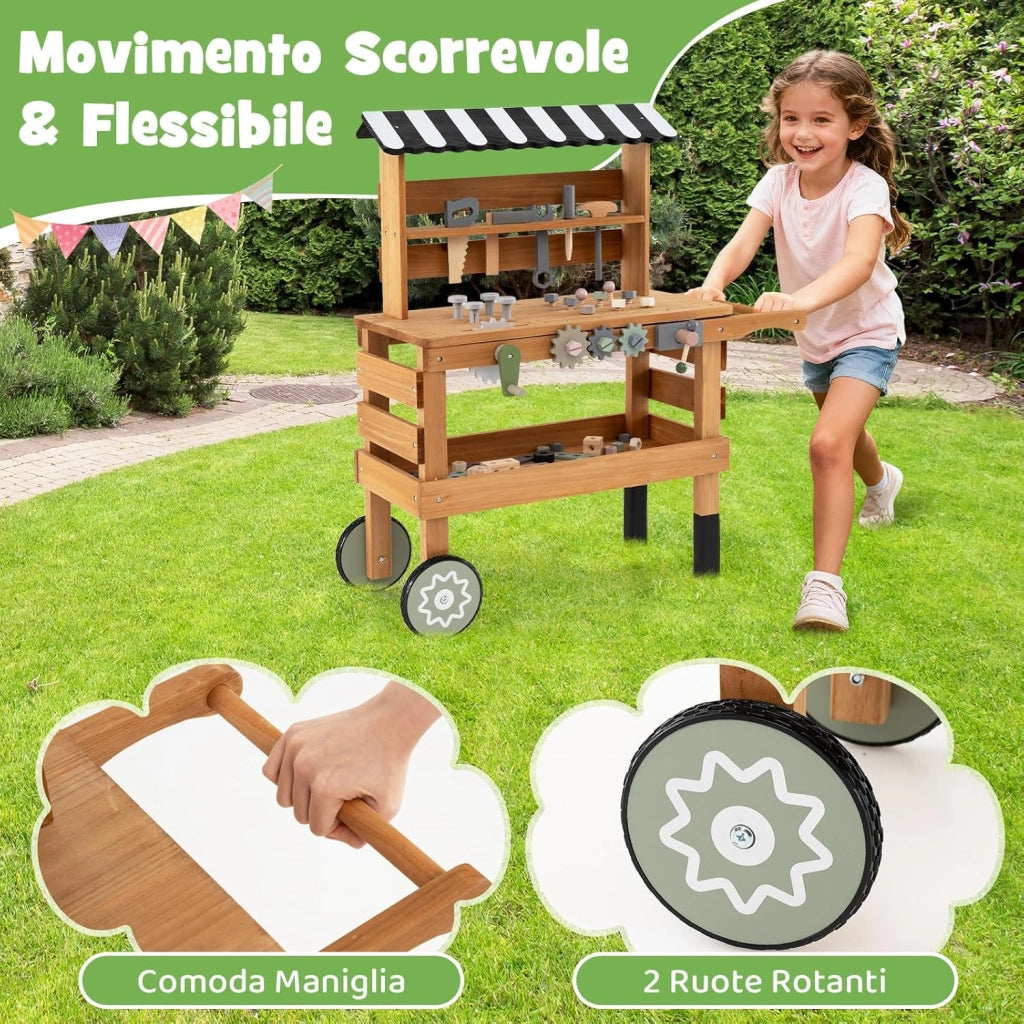 Banco da Lavoro in Legno per Bambini, Carrello 2 in 1 con Accessori Realistici, Maniglia Portatile, Cappottina Superiore e Porta Attrezzi, Tavolo da Lavoro Giocattolo Officina 3+ Anni