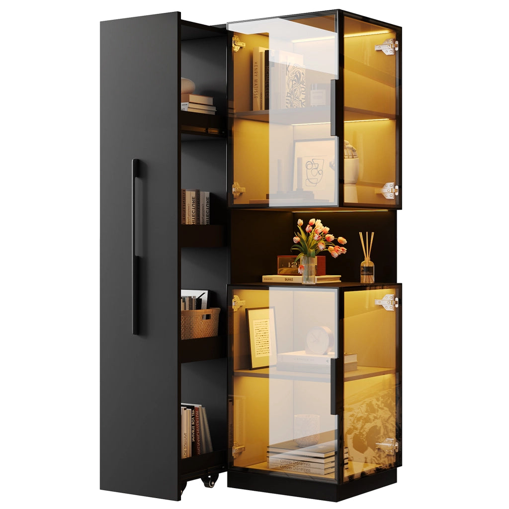 Vetrina in vetro 70×38×160 cm con ripiani estraibili, LED multicolore, MDF e vetro, colore nero