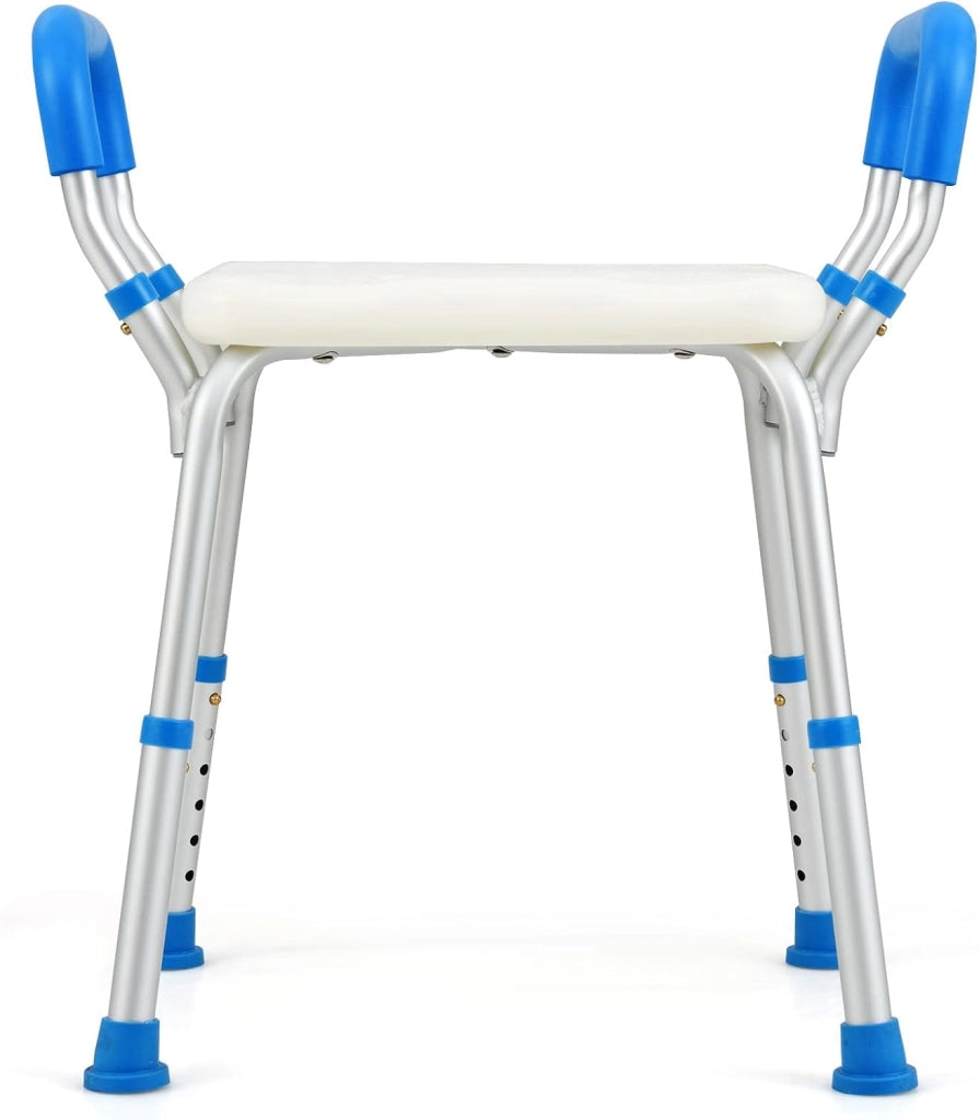Sgabello Doccia, Sedia per Doccia Regolabile in 6 Altezze con Braccioli Imbottiti Staccabili e Piedini in Gomma Antiscivola, Portata 100 kg, Seggiolino da Bagno per Anziani (Blu)