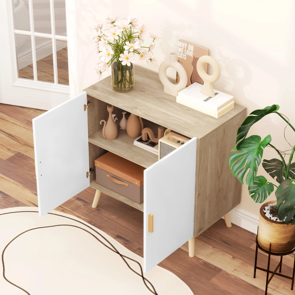 Mobile Multiuso 76x41.2x74 cm con Ripiano Regolabile e Piedini Alti in Legno Bianco e Rovere