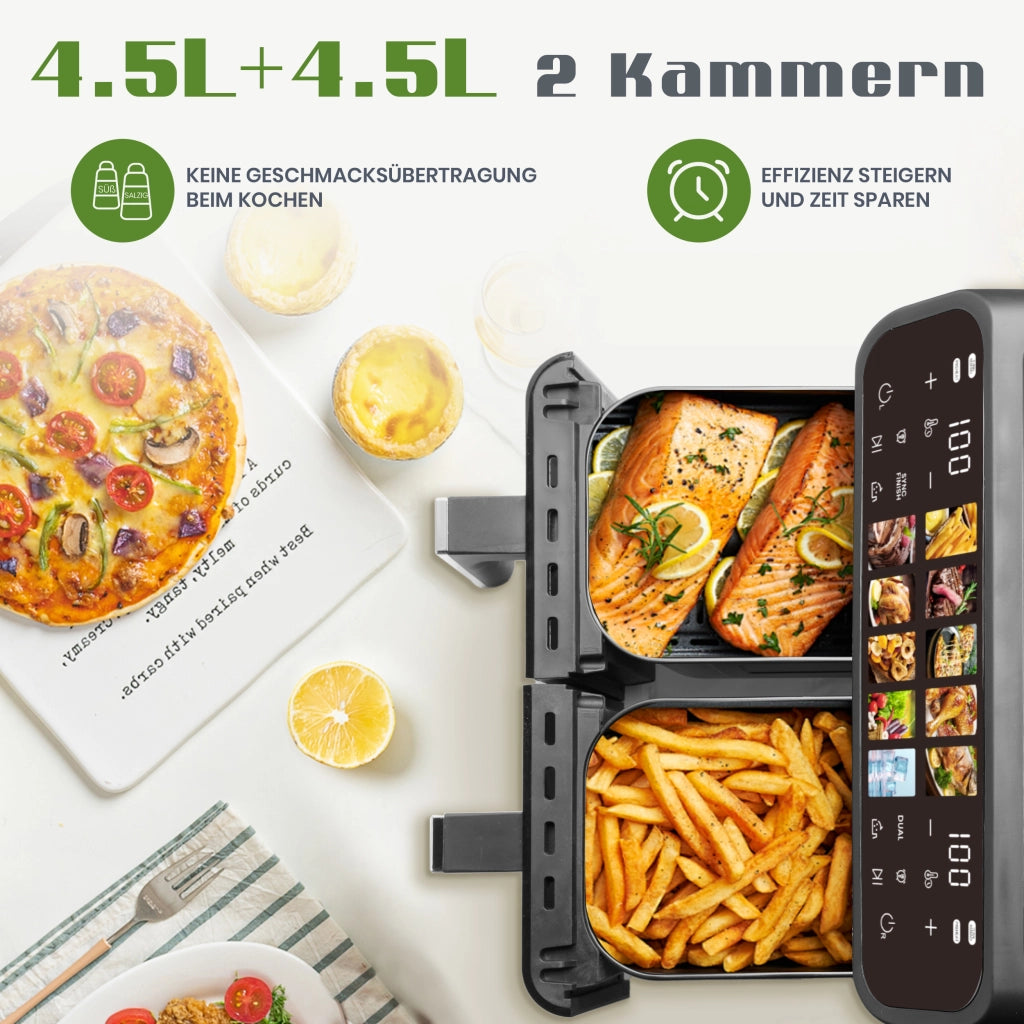 Friggitrice ad aria XXL da 9 litri con doppia camera, display a LED, tempo e temperatura regolabili da 80 a 200 ¡ãC per una cottura facile, friggitrice
