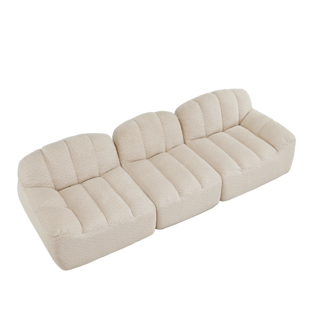 Divano modulare 3 posti con ottomana collegabile in fleece granulato; bianco beige