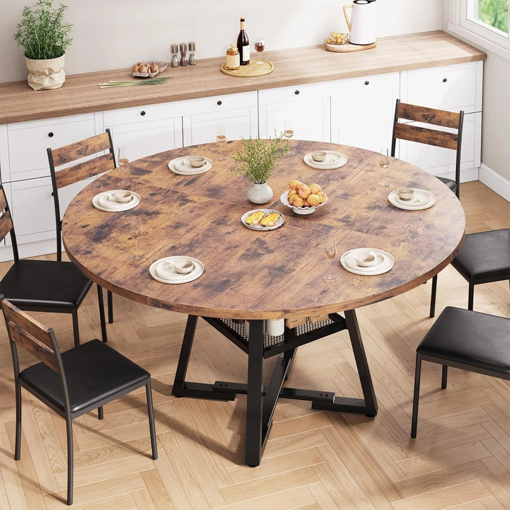 Tavolo per Sala da Pranzo Tondo Industrial con Ripiano Portaoggetti 120x120x76cm