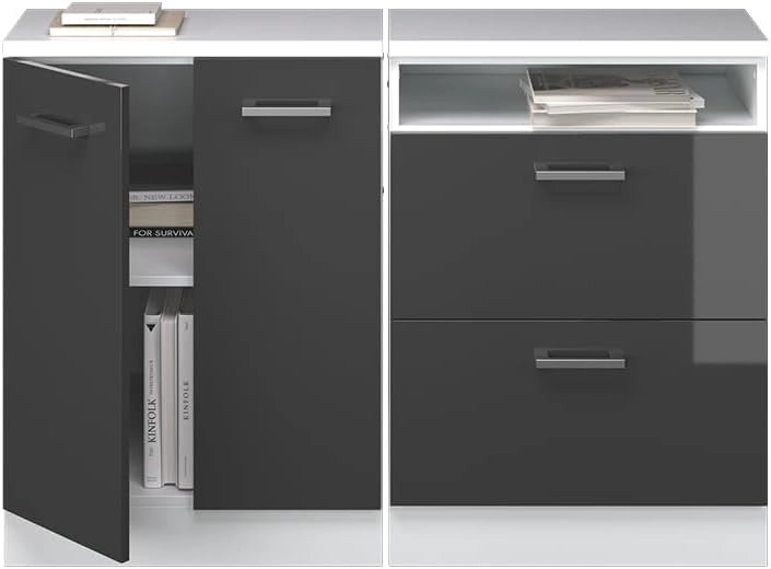 Set di mobili sottotetto Rion, Antracite lucido, 120 cm Set di 2 carcasse armadio profondità 60 cm, adatto per il salvaspazio sotto tetti spioventi