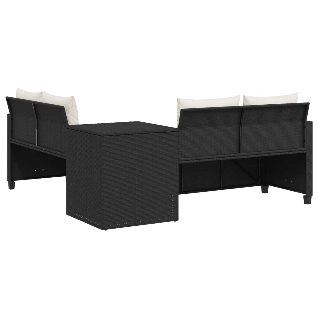 Divano da Giardino con Tavolo e Cuscini a L Nero in Polyrattan 369027