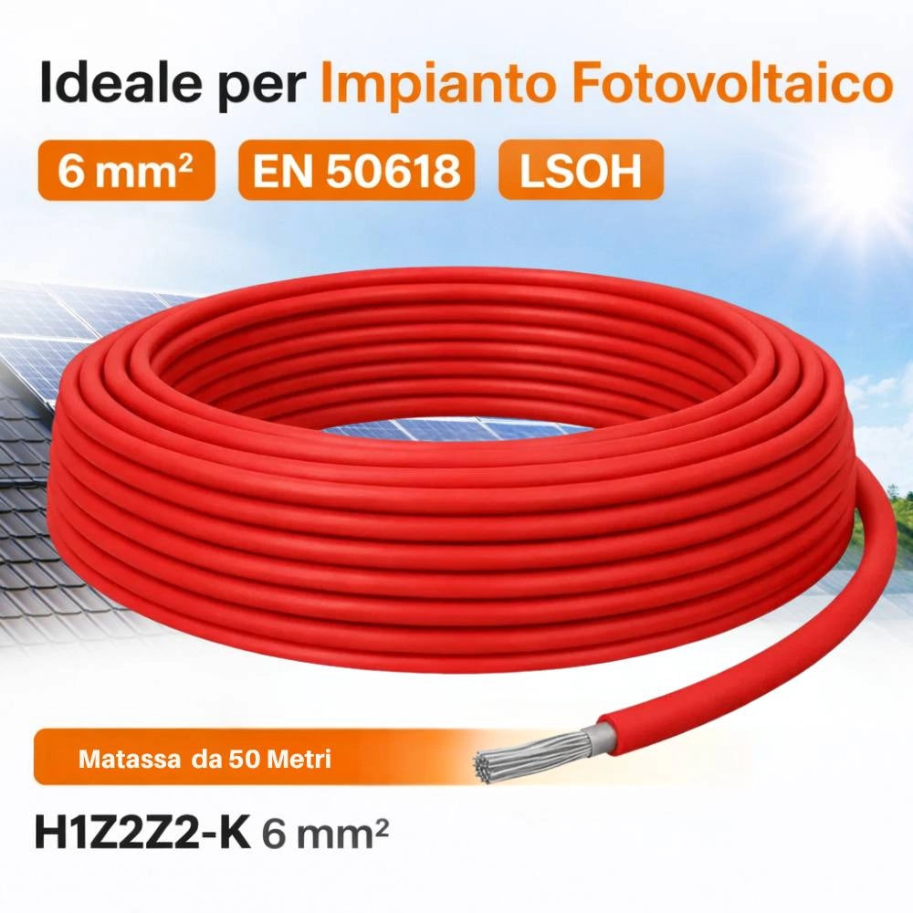 Cavo solare unipolare rosso flessibile 6 mm² per impianti fotovoltaici *** lunghezza metri 50, confezione 1