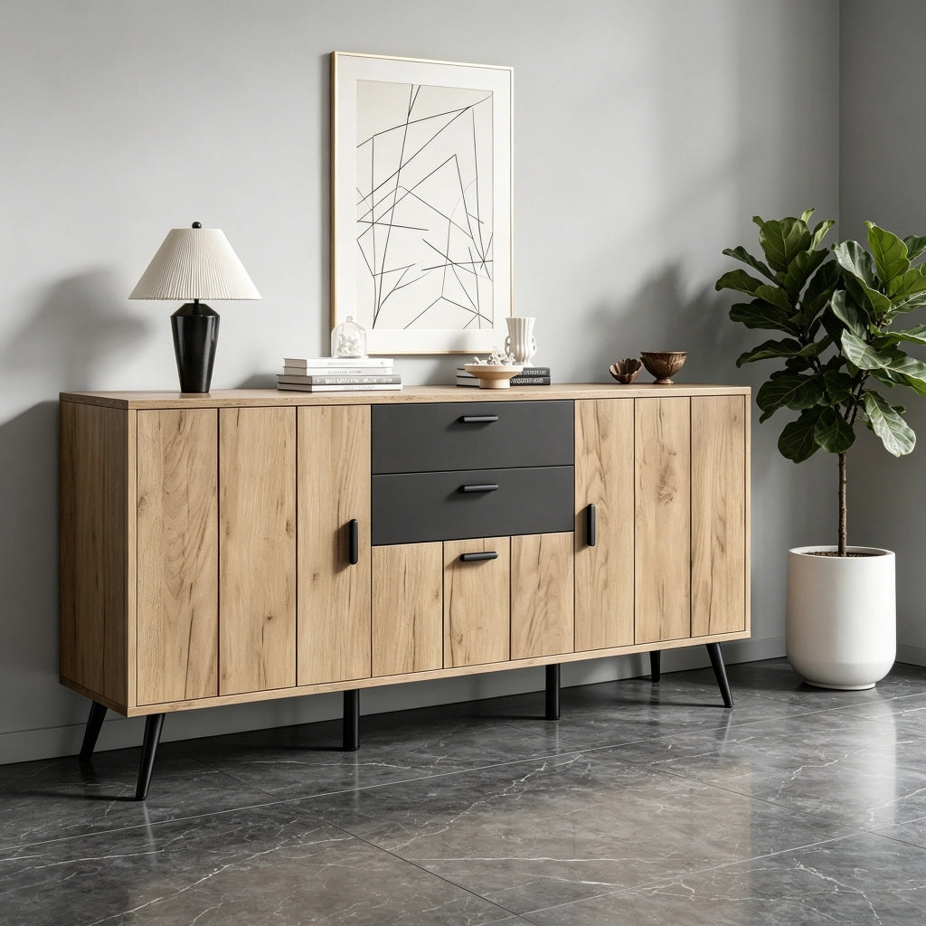 Sideboard moderno 140¡Á35¡Á67 cm con 2 cassetti, 3 ante e 7 vani portaoggetti, MDF, Nero/effetto legno