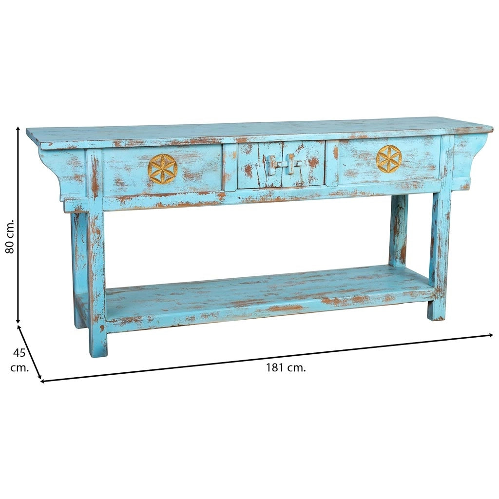 Mobile da ingresso in legno artigianale blu invecchiato 181x45x80h cm