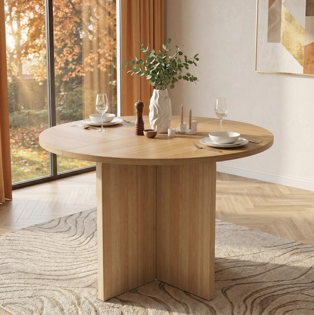 Tavolo da pranzo rotondo 120 cm in MDF colore rovere; stile nordico