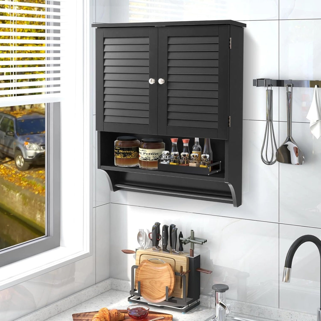Armadietto da Bagno Sospeso 60x22x75cm, Mobile da Parete con 2 Ante, con Ripiano Regolabile in 3 Posizioni e Barra Porta Asciugamani (Nero)