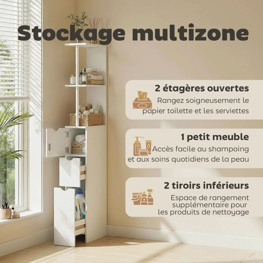 Mobile colonna bagno con cassetto e ripiani ¨C zephmum ¨C 15x33x136.8 cm bianco
