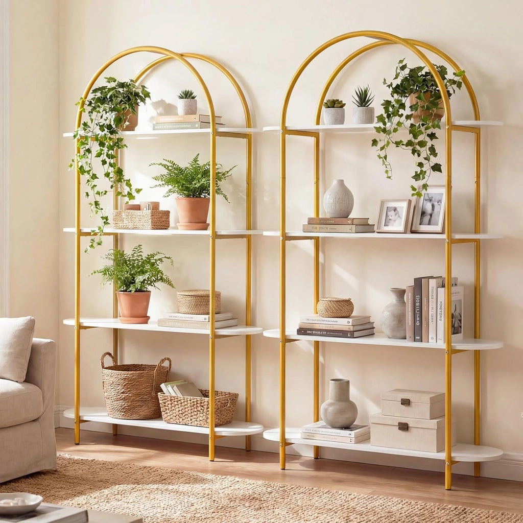 Scaffale a 4 Ripiani con Design ad Arco, Libreria con Ripiani Aperti e Telaio in Metallo, per Camera da Letto, Soggiorno e Ufficio, 95 x 34 x 156 cm (Oro E Bianco)