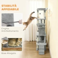 Albero Tiragraffi per Gatti con 2 Casette, Amaca, Tunnel, e Lettino, Pali in Sisal, 60x40x170 cm, Grigio