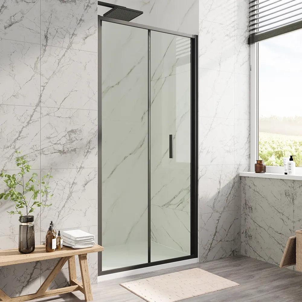 Porta doccia 90cm con apertura a libro profili slim nero opaco vetro 6mm trasparente h190 | Portofino