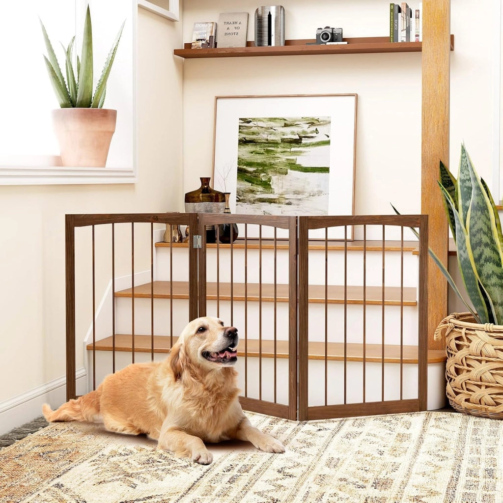 Cancelletto per Cani Pieghevoli 159 x 76 cm, Barriera per Cani in Legno a 3 Pannelli, Recinzione per Scale, Ingressi e Corridoi (Marrone)