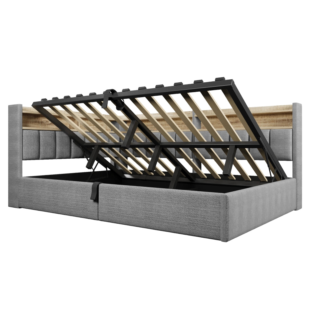 Letto imbottito 140x200 in velluto grigio con contenitore; LED RGB e porte USB