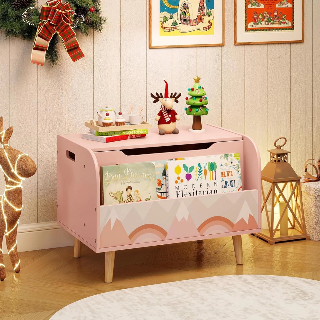 Cassapanca Portaoggetti per Bambini, con Libreria, Organizer per Giocattoli con 4 Gambe in Legno Massello e Coperchio Ribaltabile, per Sala Giochi e Asilo, 60x40x43 cm (Rosa)