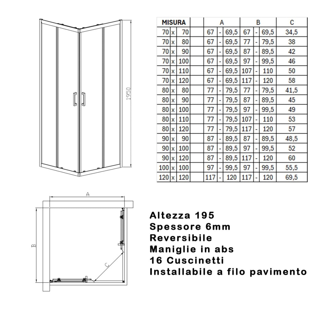 Box doccia 3 lati trasparente 195 6mm matias, misura 90x110x90