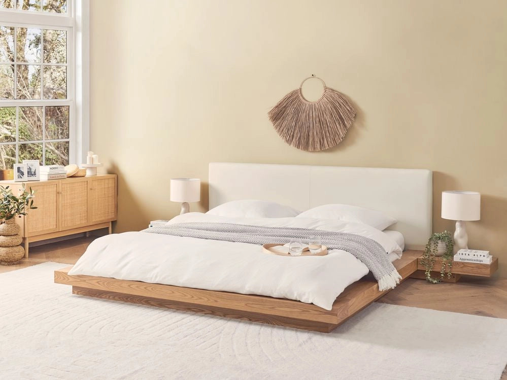 Letto in stile giapponese in frassino naturale 180 x 200 cm testata in legno impiallacciato MDF testata in pelliccia sintetica camera da letto a basso profilo