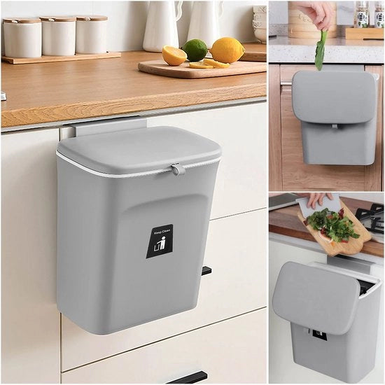 Cestino della cucina - Cestino appeso - Compatto e pratico - Grigio - 9 Litri - Ideale per cucina e camera da letto - Spaziale