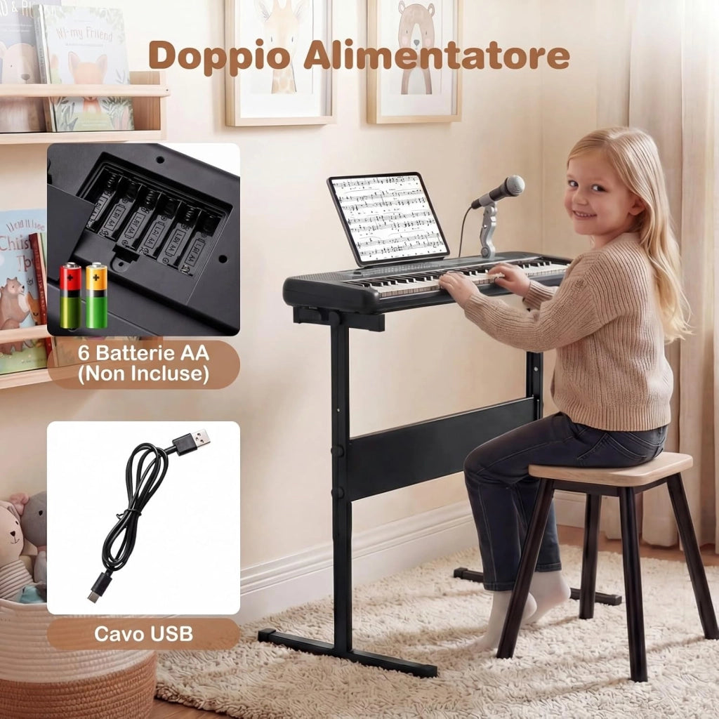 Tastiera Pianoforte Elettrica a 61 Tasti, Giocattolo Musicale da Interno con Supporto Regolabile, Microfono e Leggio, Strumento Digitale Educativo per Bambini e Bambini 3+ Anni (Nero)