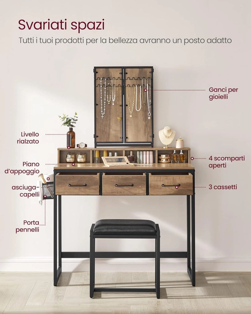 VASAGLE Toeletta con sgabello imbottito, tavolo da toeletta con triplo specchio, 3 cassetti, porta asciugacapelli cosmetico stile industriale, marrone rovere/nero RVT004B50
