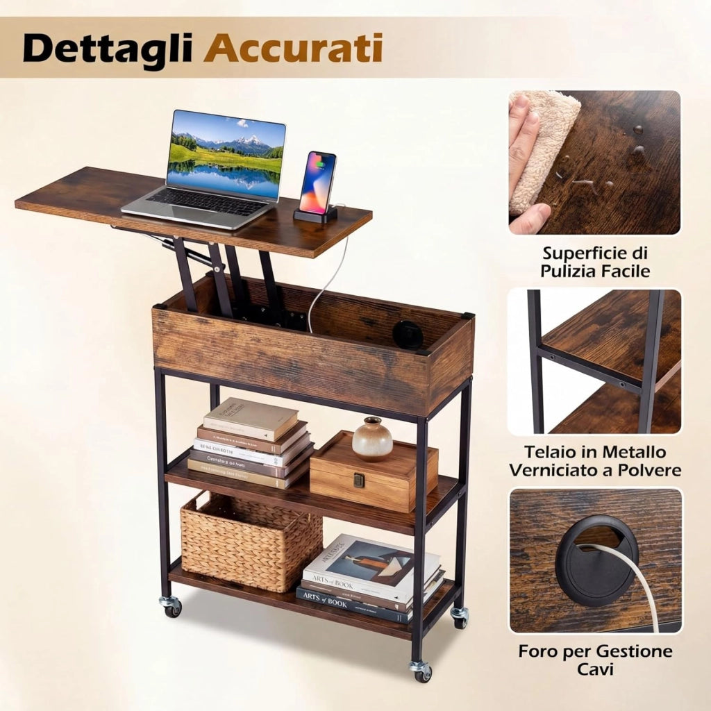 Tavolino con Piano Sollevabile e Stazione di Ricarica, Tavolino Laterale con Ruote Bloccabili, Contenitore Nascosto e Ripiani Aperti, Mobile per Camera da Letto e Soggiorno