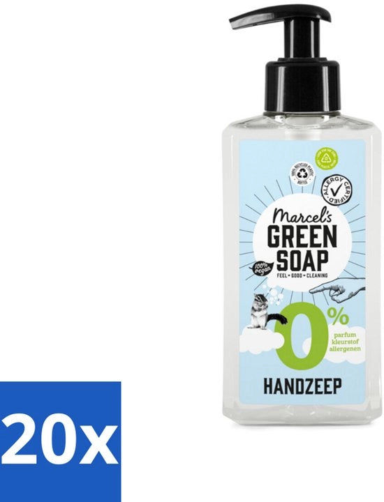 20 x Sapone Verde per Mani - 0% - Cura delicata - 250 ml - Sapone per Mani 0% - Pelle Sensibile - Pulizia Gentile - Glicerina Vegetale - Allergiegevoelig