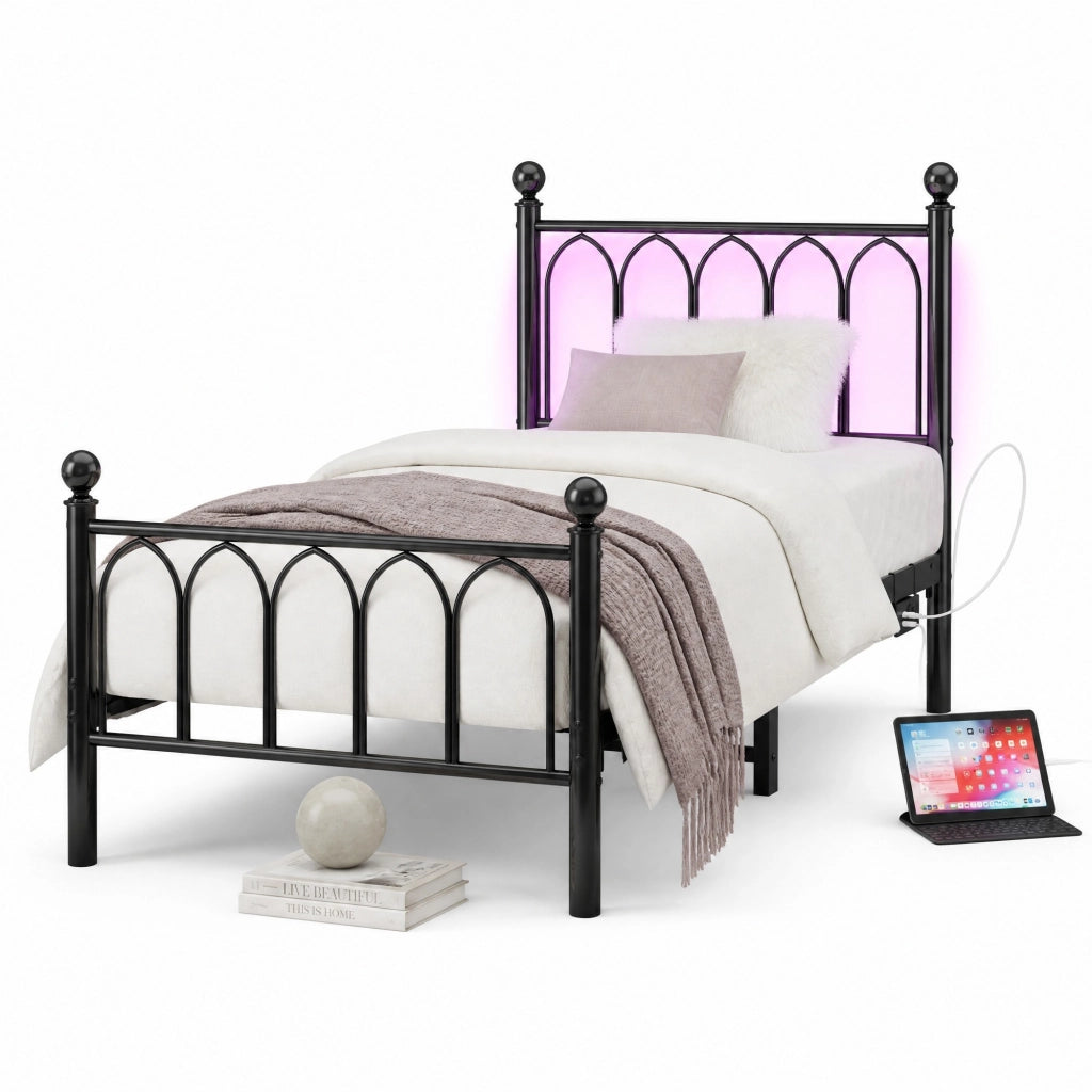 Letto in metallo 90x200 cm con testiera alta, LED, USB e presa, struttura in MDF e metallo, nero