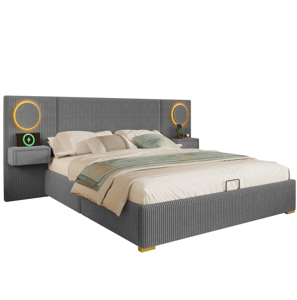 Letto imbottito 180 x 200 cm in velluto grigio con LED, USB e vano contenitore