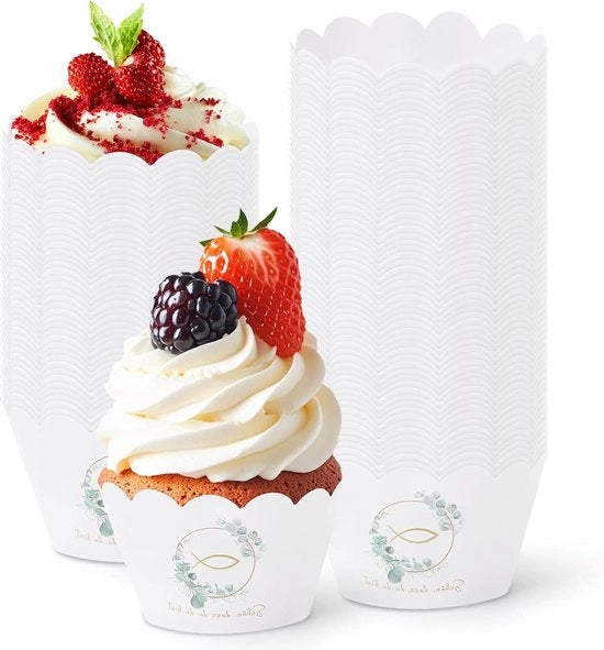 Forme di Cupcake con Corona di Eucalipto - 100 pezzi - Decorazione per Feste, Comunione, Matrimonio, Baby Shower, Compleanni, Giubilei, Battesimo