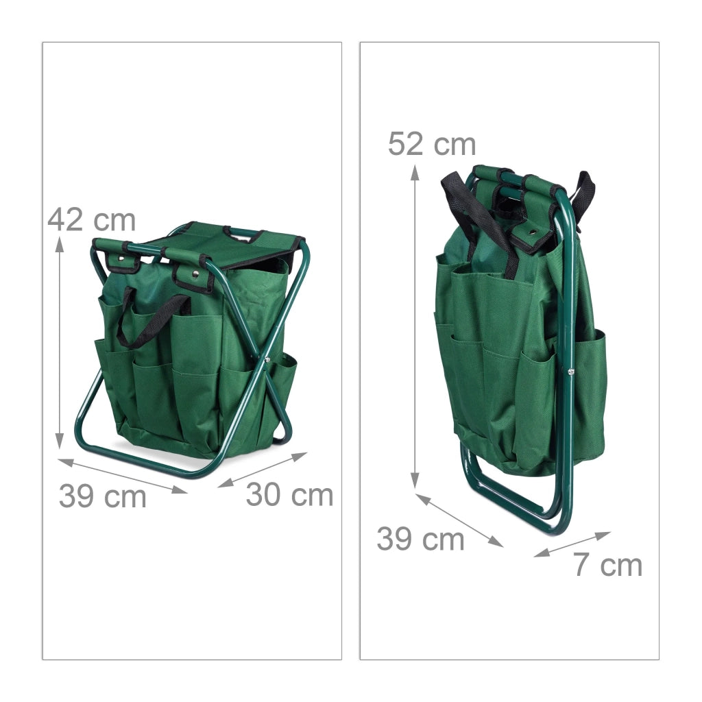 Sgabello pieghevole verde porta attrezzi da giardinaggio con 16 tasche e scomparto interno 13_0002810