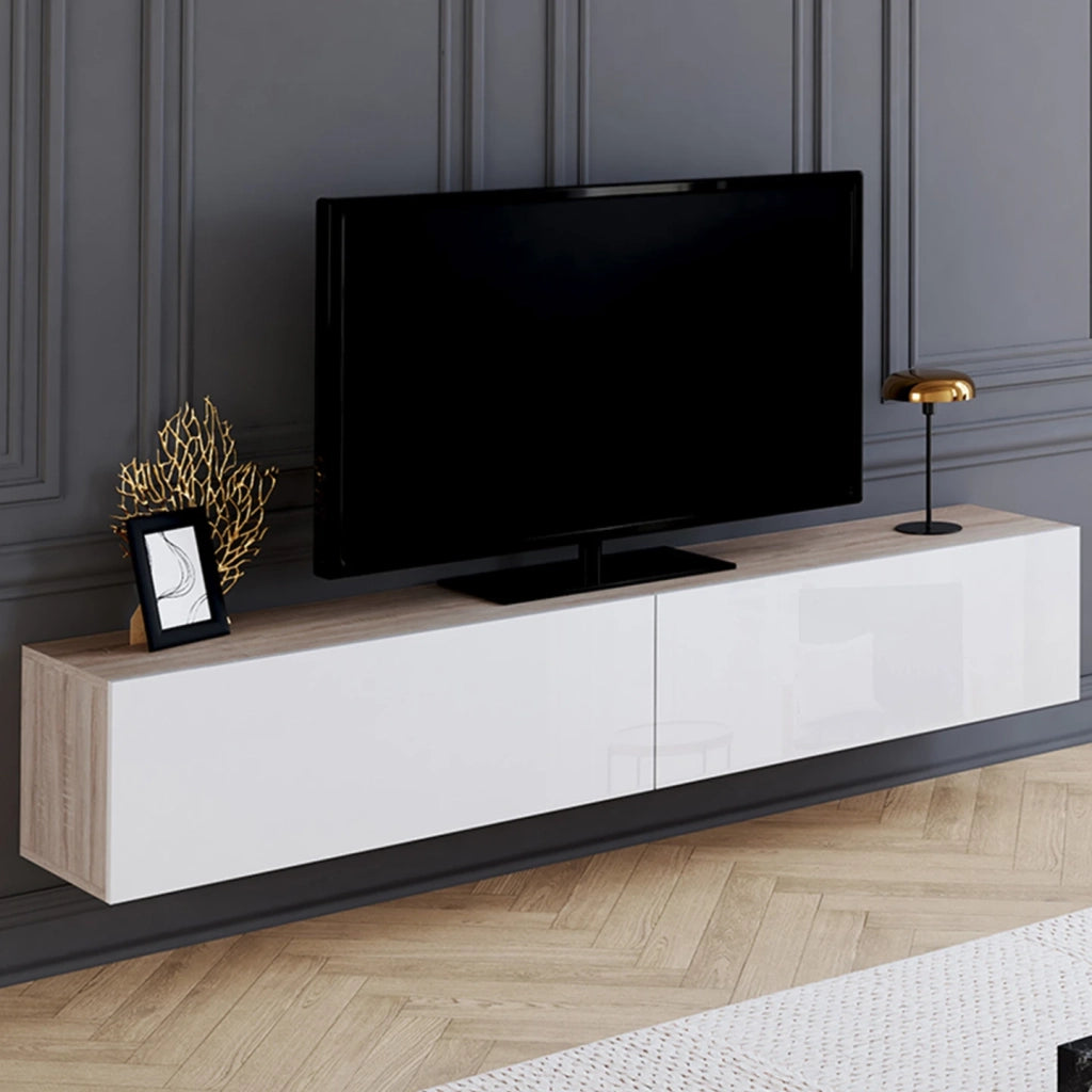 IDMarket - Mueble TV suspendido ELIO 2 puertas madera y blanco 180 cm